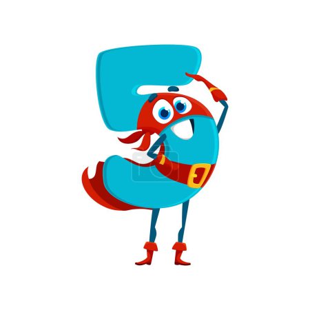 Illustration for Cartoon math number five superhero character. Isolated vector playful and charming digit 5 defender personage exudes confidence and positivity standing with raised arm in defender costume and mask - Royalty Free Image
