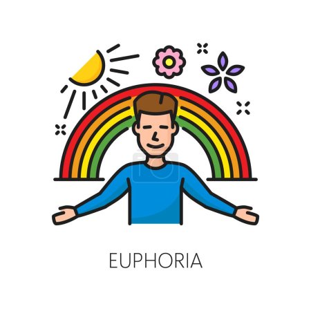 Illustration for Euphoria psychological disorder problem, mental health. Isolated vector thin line icon. Symbol of ecstasy and bliss, capturing the essence of pure joy and excitement, happy man with sun and rainbow - Royalty Free Image