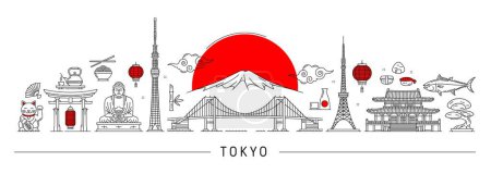 Téléchargez les illustrations : Silhouette de Tokyo. Japon points de repère de voyage avec des bâtiments vectoriels de ligne mince et paysage de montagne Fuji, tourisme japonais, nourriture et culture. Tour, château et temple, chat, sushi, soleil et nuages - en licence libre de droit