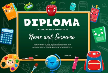 Illustration for Kids school education diploma. Funny cartoon stationery characters children certificate with vector background frame of class blackboard. Graduation diploma with book, backpack, calculator personages - Royalty Free Image