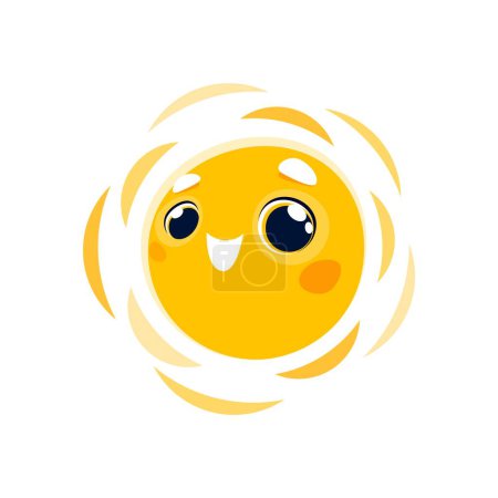 Ilustración de Personaje del sol sonriente de dibujos animados, personaje vectorial kawaii con cara sonriente divertida y rayos radiales. Emoticono positivo lindo aislado con una risa contagiosa, irradiando calor y alegría, difundir la felicidad - Imagen libre de derechos