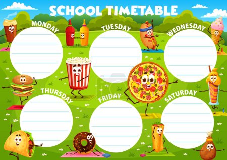 Illustration for Education timetable schedule, cartoon fast food yoga characters, vector weekly planner. Pizza, cheeseburger and hot dog with burrito in fitness on school or kindergarten lessons timetable schedule - Royalty Free Image