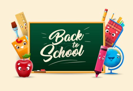 Illustration for Cartoon school stationery characters with blackboard. Back to school welcome poster with cute student supplies vector personages. Happy book, ruler and globe, apple, brush, marker and class chalkboard - Royalty Free Image