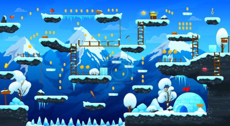 Mapa de nivel del juego de invierno, diseño ui. Fondo alpino vectorial con plataformas de salto, árboles nevados, edificios de iglú o caseta de hielo, escaleras y señales de madera, monedas y activos de bonificación, carámbanos colgantes
