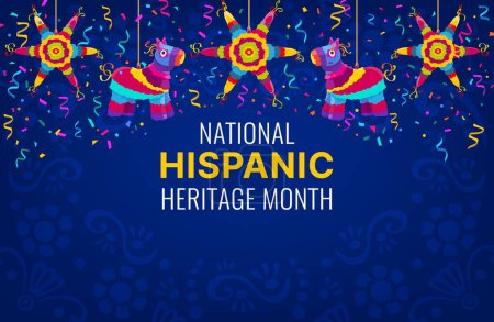Illustration for National Hispanic Heritage Month banner with holiday pinatas and confetti. Ethnic holiday background, Hispanic Heritage Month celebration flyer or Latin America culture carnival vector poster or card - Royalty Free Image