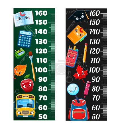 Illustration for Kids height chart ruler with cartoon school stationery characters on blackboard background. Vector children growth measure scale wall sticker with cute school bus, book, pencil and notebook personages - Royalty Free Image