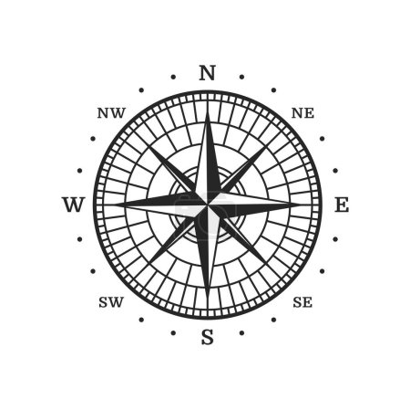 Illustration for Old compass, vintage map wind rose star, marine travel and nautical navigation vector symbol. Vintage compass with north west and east south direction arrows, naval cartography and seafaring wind rose - Royalty Free Image
