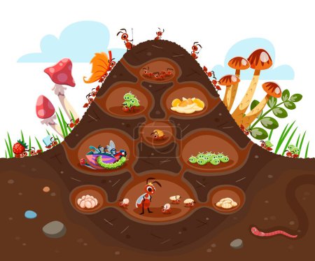Illustration for Cartoon anthill colony at soil. Funny ant characters. Isolated vector insects in formicary consisting of tunnels and chambers filled with foods, larvas or aphids. Each ant has specific roles and tasks - Royalty Free Image