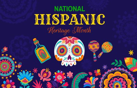 Illustration for National Hispanic Heritage Month banner with flowers, maracas and calavera sugar skull. Mexican and Spanish National celebration poster, Latin America culture carnival flyer with tequila and skull - Royalty Free Image