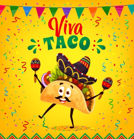 Illustration for Cartoon mexican tacos character in sombrero hat with maracas. Tacos day banner with hot and spicy tex mex mariachi musician food personage. Vector festive background for cuisine of Mexico promo - Royalty Free Image
