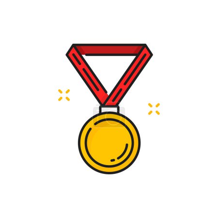 Téléchargez les illustrations : Médaille d'or au ruban sur rayure rouge, ligne isolée icône trophée d'or. boxe vectorielle, combats, lutte vainqueur de la médaille d'or - en licence libre de droit