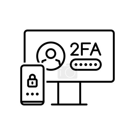 Illustration for 2FA two factor verification icon with vector authentication password and login of internet security technology. Outline computer screen and mobile phone with two factor verification code, lock symbol - Royalty Free Image