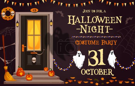 Illustration for Halloween party flyer, decorated door and porch, garland and ghost, vector spooky holiday. Cartoon haunted house front door with trick or treat accessories, witch broom, pumpkin lanterns, skull wreath - Royalty Free Image