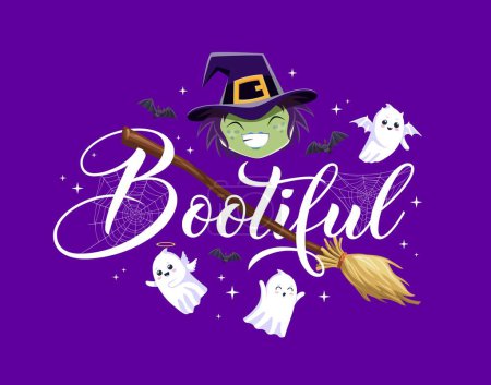 Illustration for Halloween holiday quote bootiful with witch and kawaii ghosts cartoon characters. Vector cute type of Halloween horror night holiday, funny witch with broomstick, bats, cobweb and ghosts - Royalty Free Image