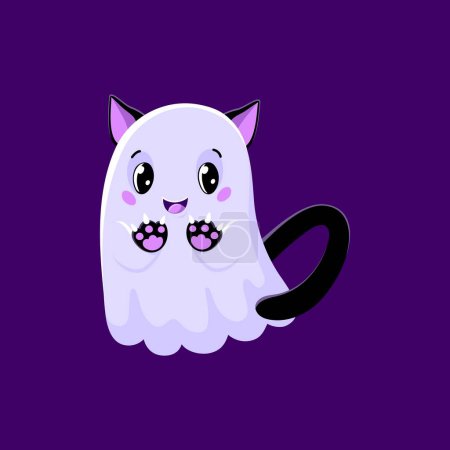 Illustration for Cartoon cute Halloween kawaii ghost or devil cat kitten, vector funny character for horror holiday. Halloween night spooky ghost or devil kitty with paws and pink horns for trick or treat party - Royalty Free Image