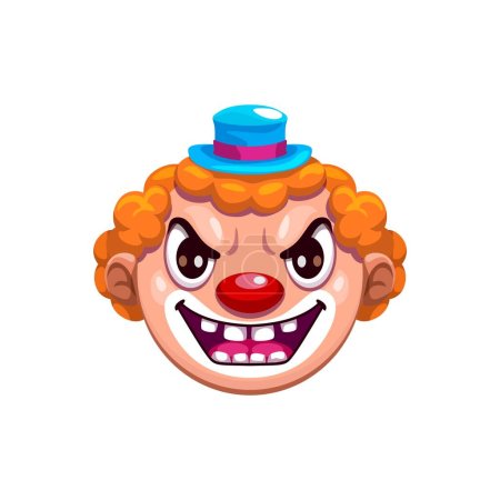 Illustration for Cartoon Halloween clown emoji character. Spooky sinister funnyman with an angry expression, fiery eyes, creepy grin, and red nose. isolated vector evil funster emoticon for holiday messages and chats - Royalty Free Image