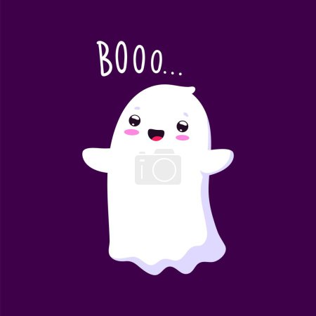 Illustration for Cartoon Halloween kawaii ghost character playfully saying boo. Adorable white vector baby phantom, cute personage adding a charming and friendly touch to spooky Hallowmas holiday celebrations - Royalty Free Image