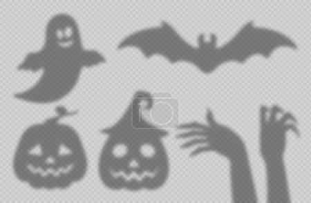 Illustration for Halloween shadow overlay, isolated vector ghost, pumpkin faces, flying bat and hands shades on the wall with natural light effect. Silhouettes of funny smiling spook, gesturing arms and jack lantern - Royalty Free Image