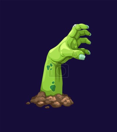 Illustration for Cartoon zombie hand with green rotten skin and blue pale nails sticks out from the ground, its decayed and pale fingers grasping and clutching for something, as it reaches out for its next victim - Royalty Free Image