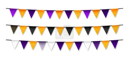 Illustration for Realistic Halloween holiday garland pennant flags with ornament pattern, vector decorations. Halloween holiday horror night banner flags with orange, black and purple pattern for party pennants - Royalty Free Image