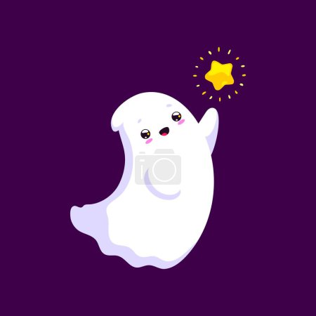 Illustration for Cartoon Halloween kawaii ghost character joyfully captures the star. Isolated vector lovable and adorable baby spook following dream, blending spectral charm and celestial playfulness in whimsical way - Royalty Free Image