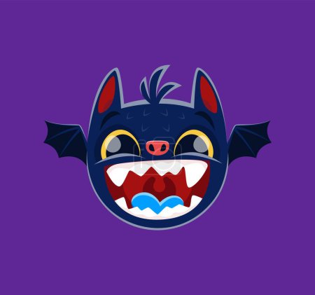 Illustration for Cartoon halloween bat emoji character. Isolated vector vampire animal emoticon with wide open spooky mouth, pointy ears, wings and mischievous eyes, adds a playful touch to holiday messages and posts - Royalty Free Image