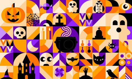Téléchargez les illustrations : Bauhaus Halloween motif géométrique de formes modernes abstraites avec des personnages de vacances d'horreur. Fond vectoriel avec fantôme effrayant, citrouille, crâne et chauve-souris, araignée, chapeau de sorcière et bonbons tour ou traiter - en licence libre de droit