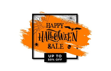 Illustration for Halloween sale banner with holiday frame, grunge blob, spiders and cobweb. Vector spooky trick or treat special offer and discount voucher of orange brush stroke in square frame, creepy skull and bat - Royalty Free Image