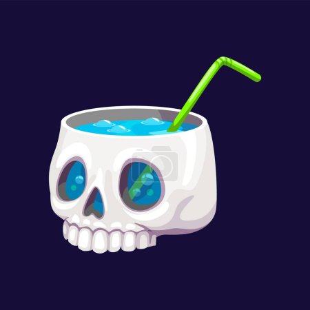 Halloween holiday party cocktail drink in skull glass for bar menu, cartoon vector. Halloween cocktail drink potion and blue bubbling soda beverage in scary spooky skull cup with drinking straw