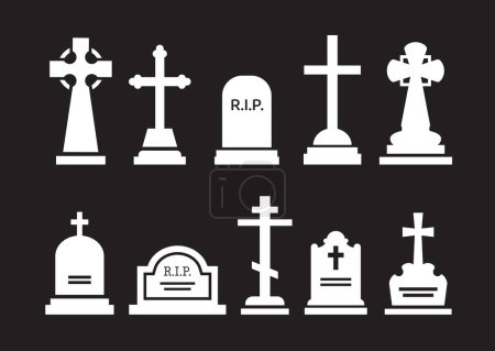 Illustration for Gravestone and tombstone silhouettes. Tomb stone and headstone. Isolated vector white memorial markers, representing lives lived and paying homage to the departed. Rip granite plates and crosses set - Royalty Free Image