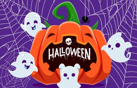 Illustration for Halloween pumpkin and kawaii ghosts between cobweb. Vector festive banner with cute white sheet spooks flying around jack lantern face creating a charming and spooky atmosphere for holiday celebration - Royalty Free Image