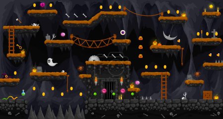 Ilustración de Arcade Halloween subterráneo cueva paisaje juego nivel interfaz de mapa. Plataformas y fantasmas, dulces, escaleras y monedas. Vector mazmorra paralaje fondo con islas rocosas, activos, obstáculos, escaleras - Imagen libre de derechos
