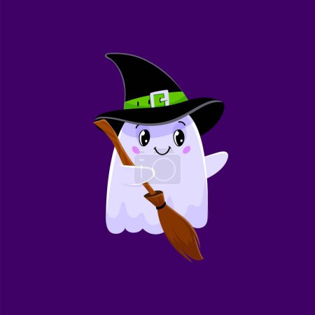Illustration for Halloween ghost or cute kawaii witch boo character for holiday, vector cartoon funny monster. Halloween horror night ghost in witch hat with broomstick or broom, spooky cute kawaii ghost poltergeist - Royalty Free Image