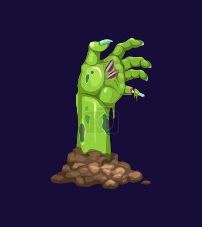 Illustration for Cartoon zombie hand, decaying, green and lifeless arm, emerges from the ground, its fingers gnarled and skeletal, grasping for prey. Isolated vector dead body or corpse palm sticking out of soil - Royalty Free Image