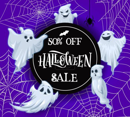 Illustration for Halloween holiday sale banner with cartoon ghosts, spider and cobwebs. Vector ads background for autumn seasonal discount offer. Advertisement card with funny flying white sheet spirits and spiderwebs - Royalty Free Image