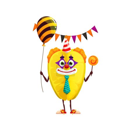 Illustration for Cartoon Halloween fruit carambola in clown costume, holiday vector character. Carambola star fruit in mask of cheerful clown with orange balloons and lollipop candy for trick or treat Halloween party - Royalty Free Image