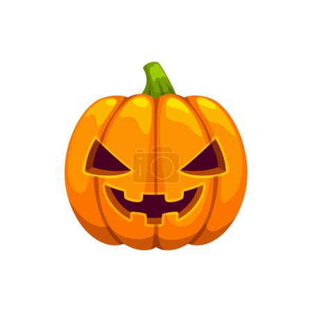 Illustration for Cartoon grinning Halloween pumpkin face emoji with wide eyes and toothy smile. Isolated vector jack lantern emoticon with mischievous expression captures festive spirit and spooky fun of the holiday - Royalty Free Image