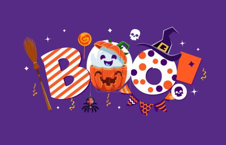 Illustration for Cartoon Halloween kawaii ghosts with boo holiday quote, vector banner background. Halloween greeting card and trick or treat party poster with funny ghost in pumpkin, witch hat and skull with spider - Royalty Free Image
