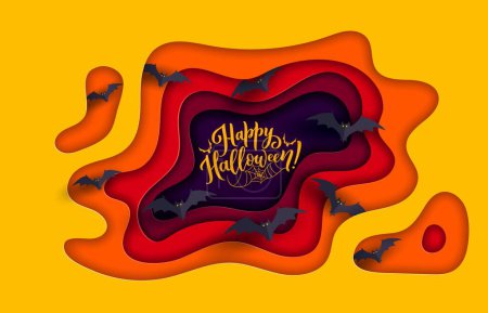 Illustration for Halloween paper cut banner with flying bats and spiderweb, horror night holiday vector background. Happy Halloween greeting card in paper cut layers with spooky bats or scary cobweb for trick or treat - Royalty Free Image