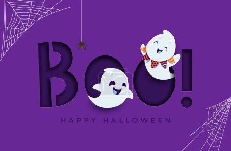 Illustration for Halloween boo banner with cute kawaii ghosts characters. Vector spooky holiday cartoon white phantom monsters characters with happy smiling faces, spider, web and flags garland on purple background - Royalty Free Image