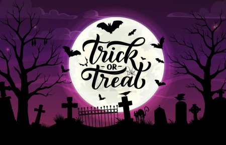 Illustration for Halloween cemetery silhouette, trick or treat vector banner. Night twilight graveyard landscape with black cat, crosses, tombs, crows and scary bats under full moon. Cartoon spooky greeting card - Royalty Free Image
