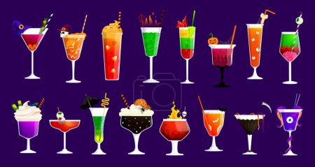 Boissons cocktail Halloween pour fête bar menu avec potion sorcière soda, verres vectoriels. Halloween fête cocktail boissons et boissons avec le crâne effrayant, décorations pour les yeux et les os