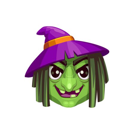 Illustration for Cartoon witch Halloween emoji character. Isolated vector old evil hag face with green skin and toothless mouth, wear pointed hat, and spooky grin conveys playful fun to messages during holiday chat - Royalty Free Image