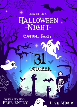 Illustration for Halloween party flyer with cemetery silhouette, ghosts, zombie hands, reaper and flying bats. Vector invitation poster for horror night or costume party entertainment with free entry and live music - Royalty Free Image