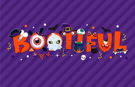 Illustration for Halloween holiday quote bootiful with funny monsters vector characters. Cartoon typography of cute ghost, zombie, werewolf and vampire letters personages with smiling faces, witch hat and cauldron - Royalty Free Image