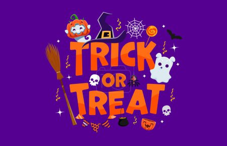 Illustration for Trick or treat Halloween banner with kawaii ghosts, witch hat and skull, vector holiday banner. Halloween pumpkin lanterns with funny ghost or boo poltergeist, skeleton skull and candy lollipop - Royalty Free Image