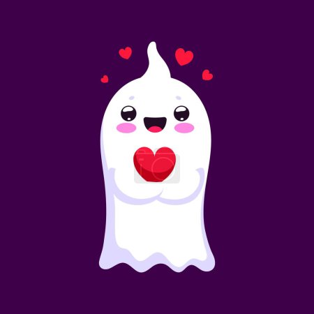 Illustration for Cartoon Halloween kawaii ghost character clutching a heart. Isolated vector charming spectral figure express love emotion with a playful innocence, blending spooky with the adorable enchanting display - Royalty Free Image