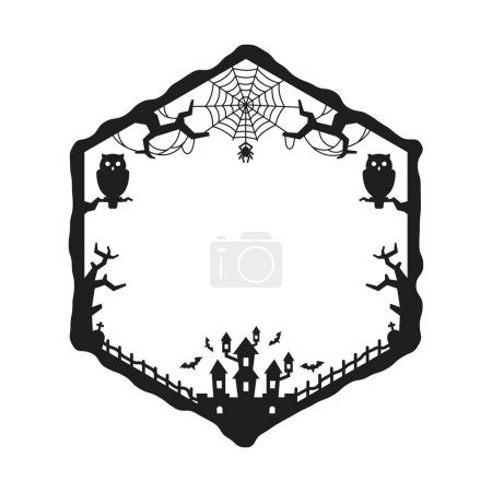 Illustration for Halloween holiday black frame, isolated vector hexagonal border with haunted castle, cemetery graves, flying bats, creepy owls sitting on tree branches, hanging spider and tangled cobweb silhouettes - Royalty Free Image