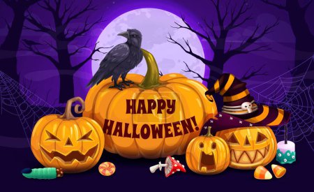 Illustration for Halloween cartoon pumpkins and sweets on midnight cemetery. Horror holiday scary jack-o-lantern pumpkins characters with trick or treat candies, witch hat and black crow, creepy trees and full moon - Royalty Free Image