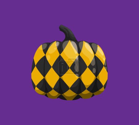 Illustration for Cartoon Halloween pumpkin painted with holiday ornament for horror night vector decoration. Halloween spooky holiday pumpkin with harlequin black and yellow pattern ornament for trick or treat party - Royalty Free Image